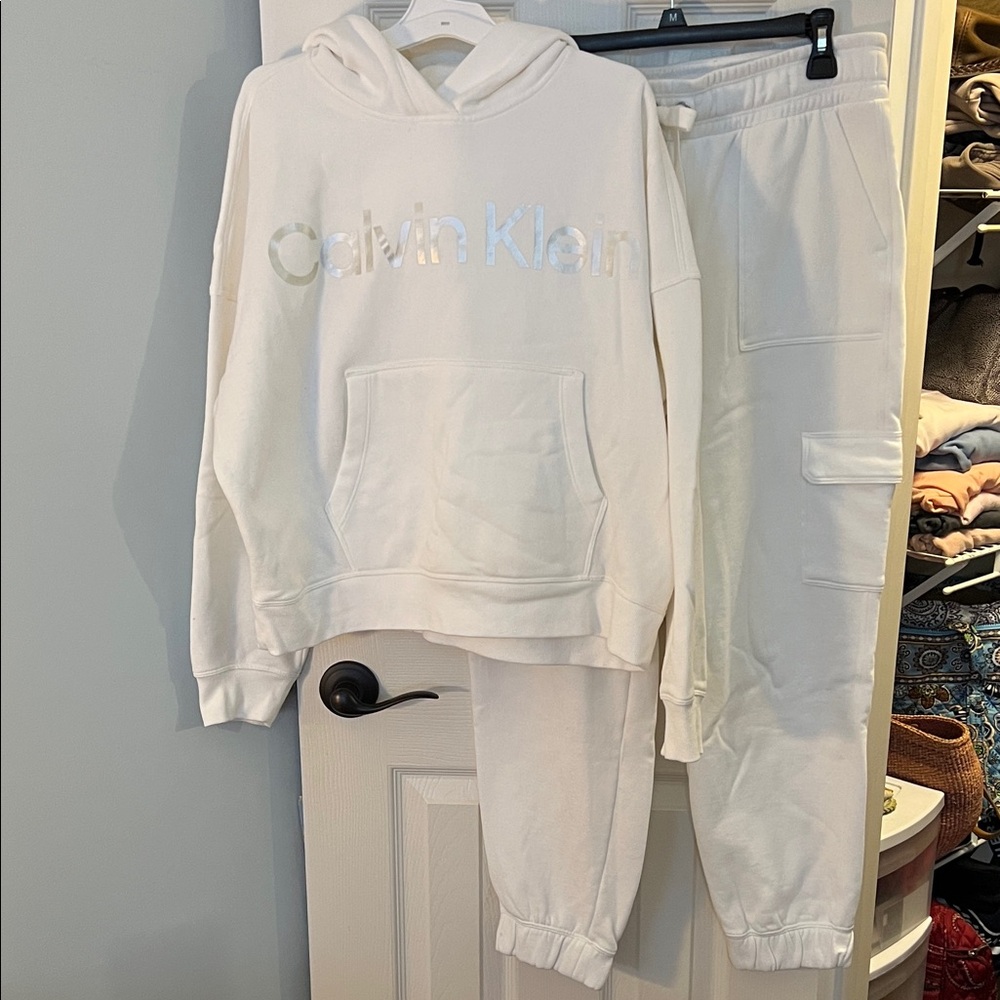 Calvin Klein Cream Hoodie and Joggers Set; Medium Sweatshirt, Large Joggers